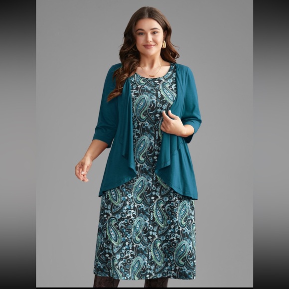 BloomChic 2-pc Teal Paisley Midi Dress Set size 1X (14-16) - Picture 4 of 15